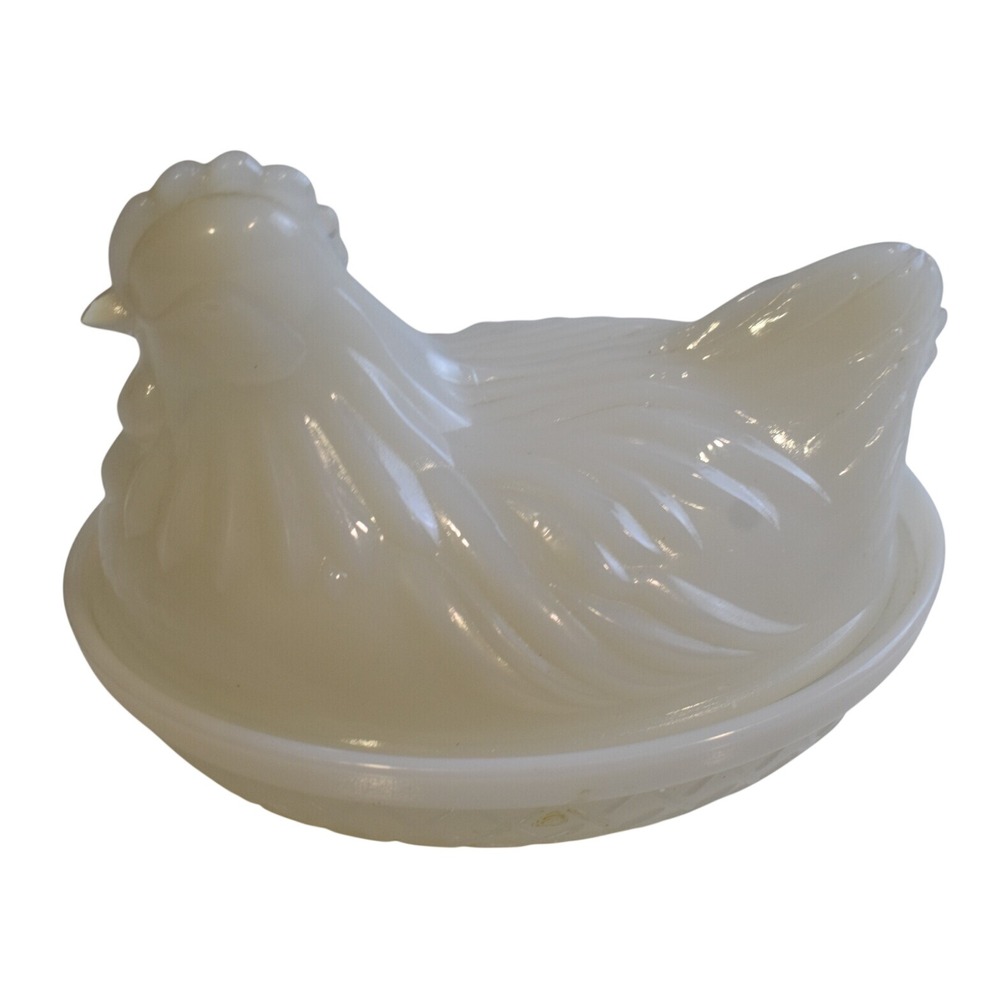 Vintage Milk Glass Hen on Nest Trinket Dish White Small Excellent Farmhouse